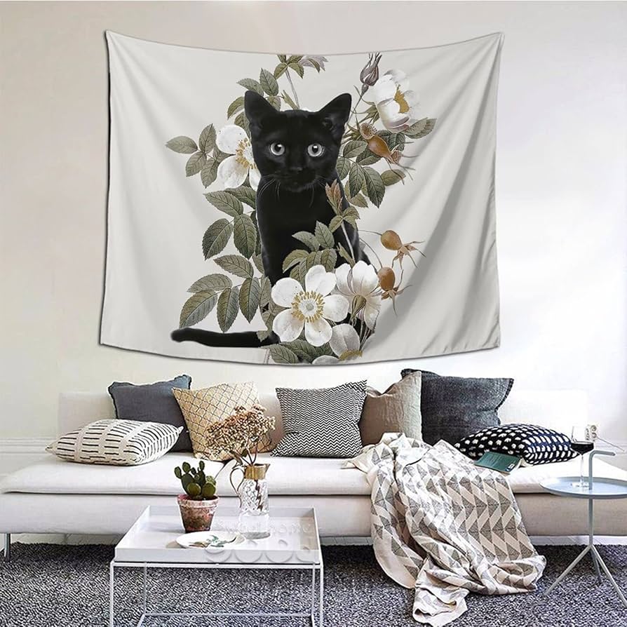 Amazon.co.jp: タペストリー 壁掛け 花 黒猫 ネコ柄 猫柄 壁飾り